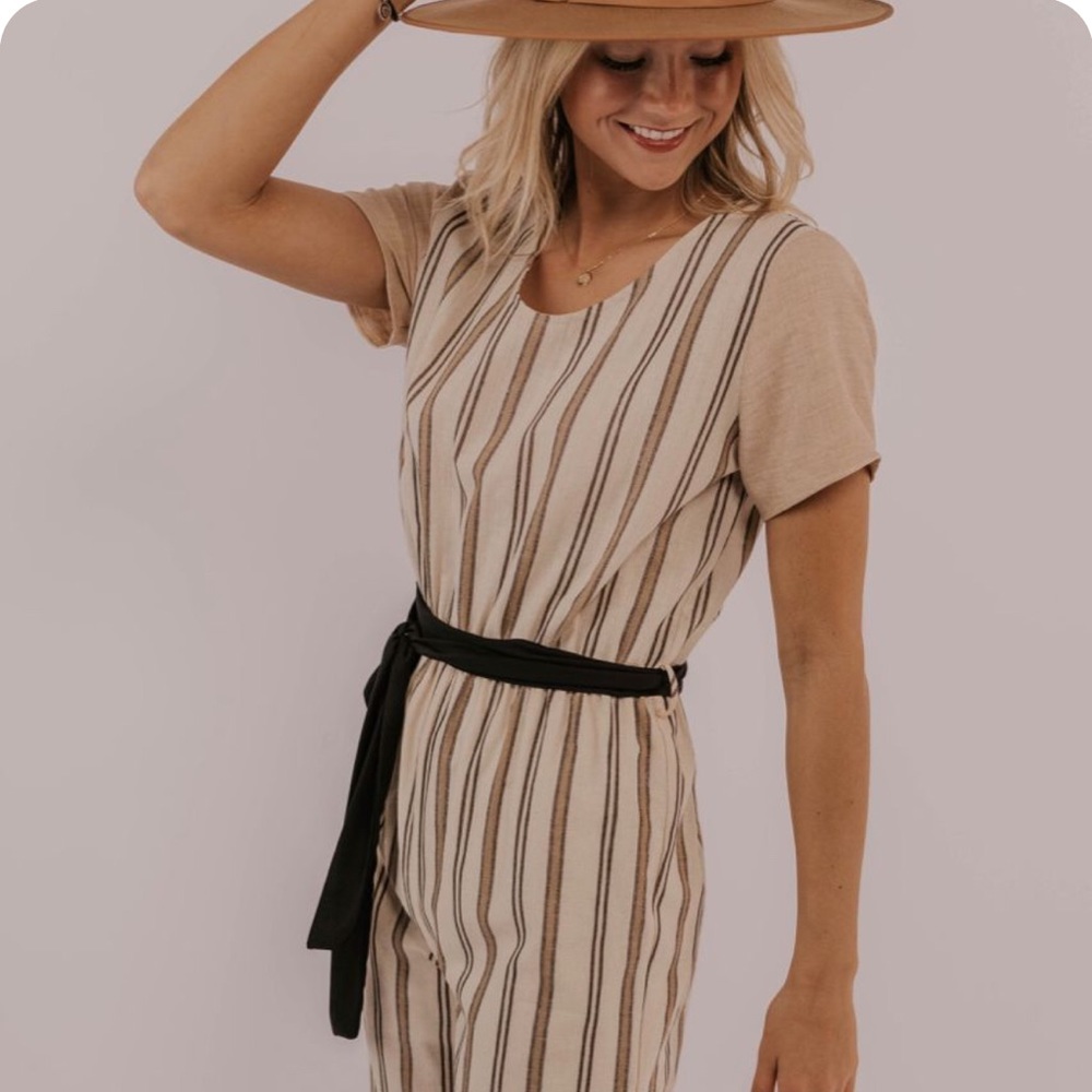 Roolee neutral striped jumpsuit with tie, size S